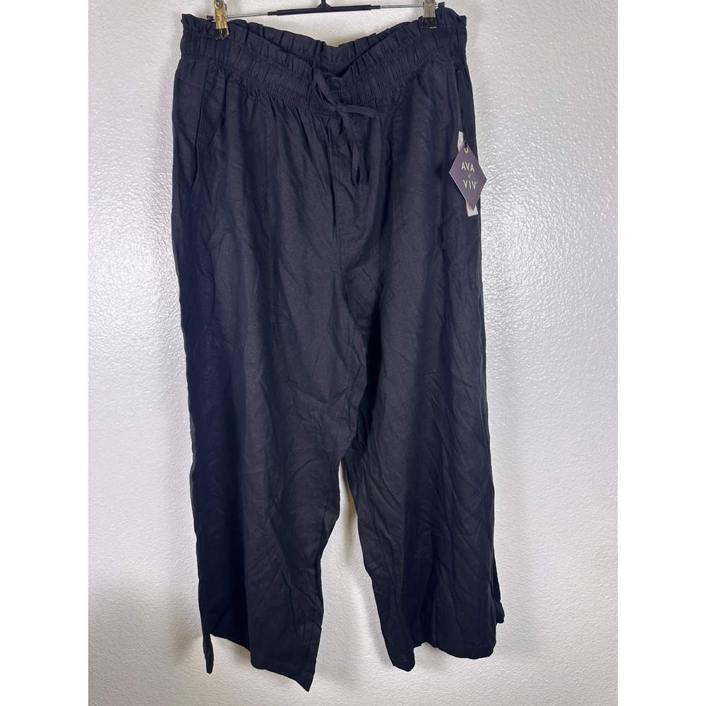 Ava & Viv Womens 1X Black Linen Blend Paperbag Waist Wide Leg Pants NWT